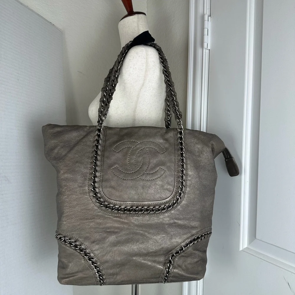 Chanel Metallic Silver Chain-Trim Leather Tote